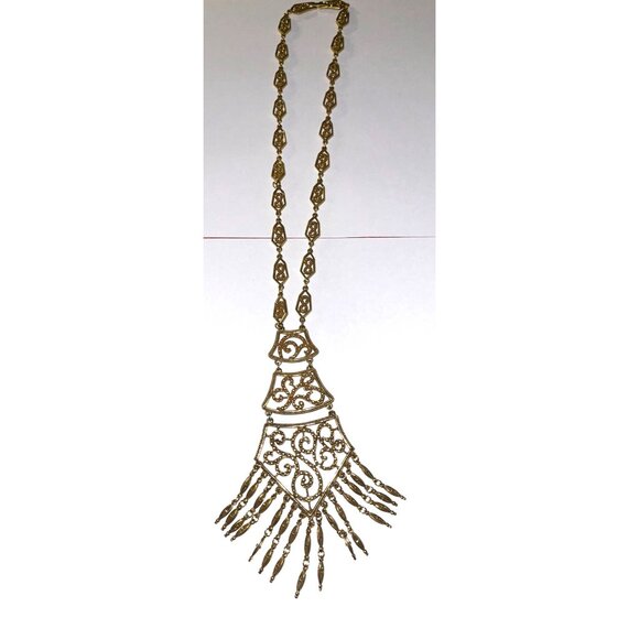 Vintage Monet Gold Filigree Paisley Tassel Statement Necklace 1970S Designer Art - Picture 7 of 16